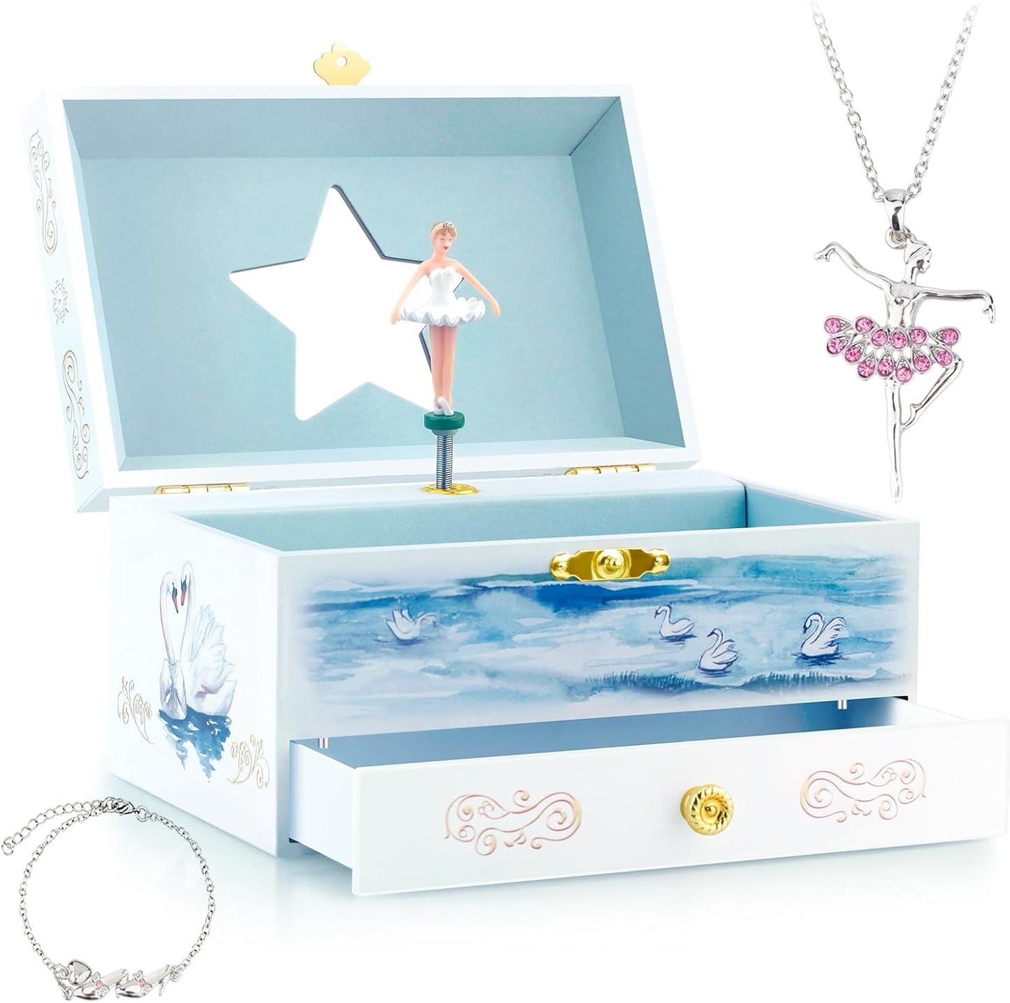 Children's Music Jewelry Box | Ballerina Theme | Drawer & Jewelry Set