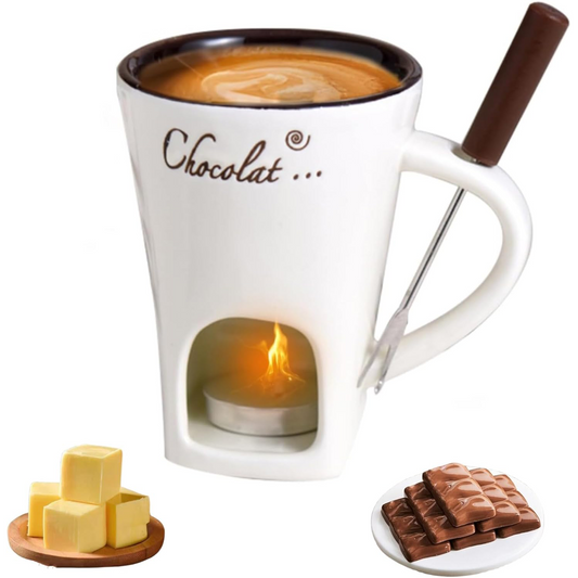 Chocolate Fondue Mug Set – Mini Ceramic Fondue Cup with Forks and Candle
