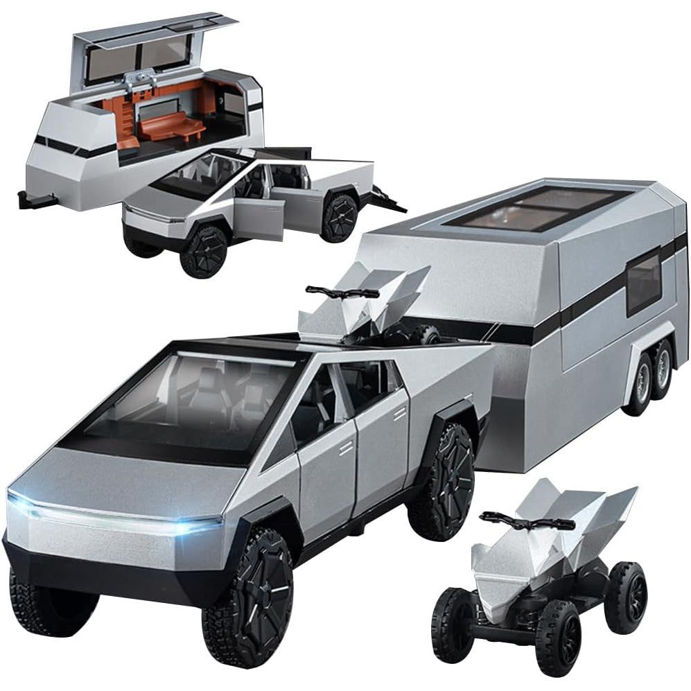 1/24 Scale Toy Pickup Truck Model with RV Motorcycle | Die-Cast Metal Truck with Lights