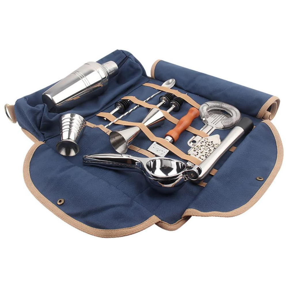 Bartender Travel Bag – Portable Canvas Barware Storage Roll Bag with Shoulder Strap