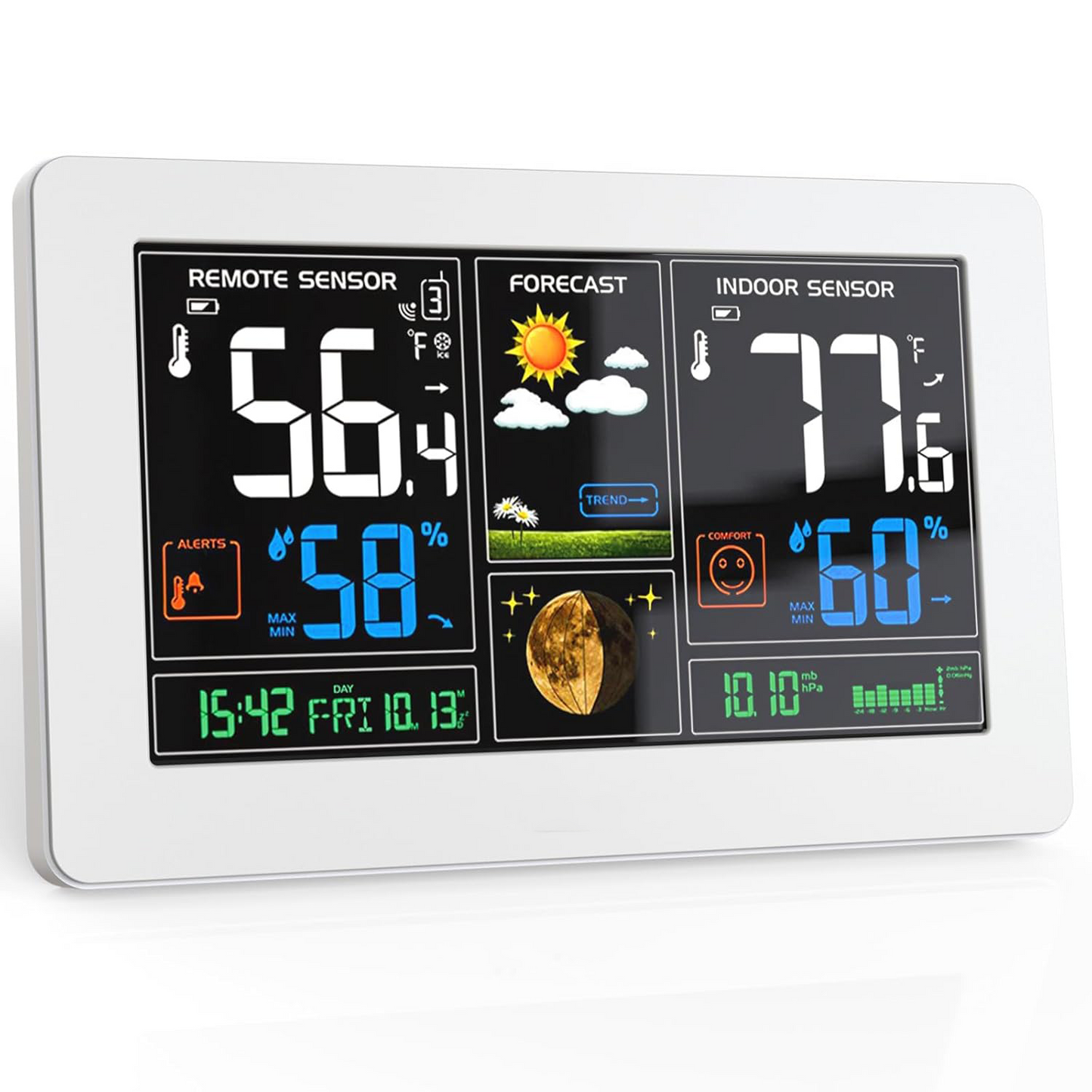 Wireless Weather Station – Indoor Outdoor Thermometer with Color Display & Atomic Clock