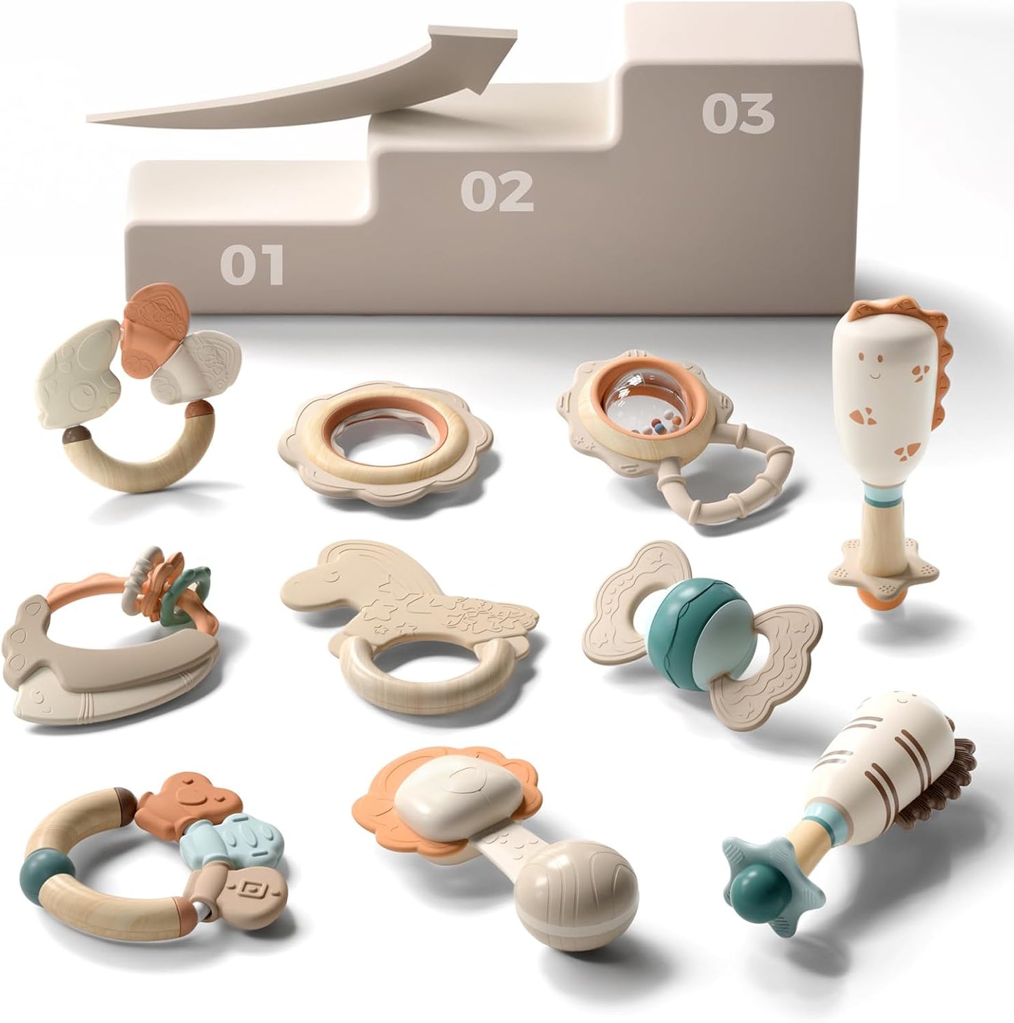 Baby Teething Toys with Rattles 10-Piece Silicone Rattle Toy Set