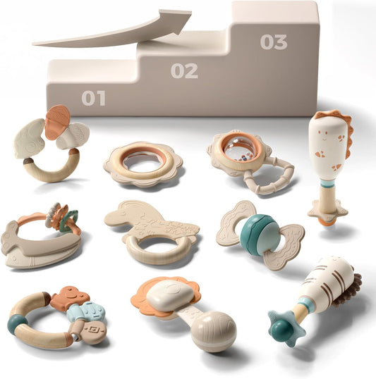 Baby Teething Toys with Rattles 10-Piece Silicone Rattle Toy Set