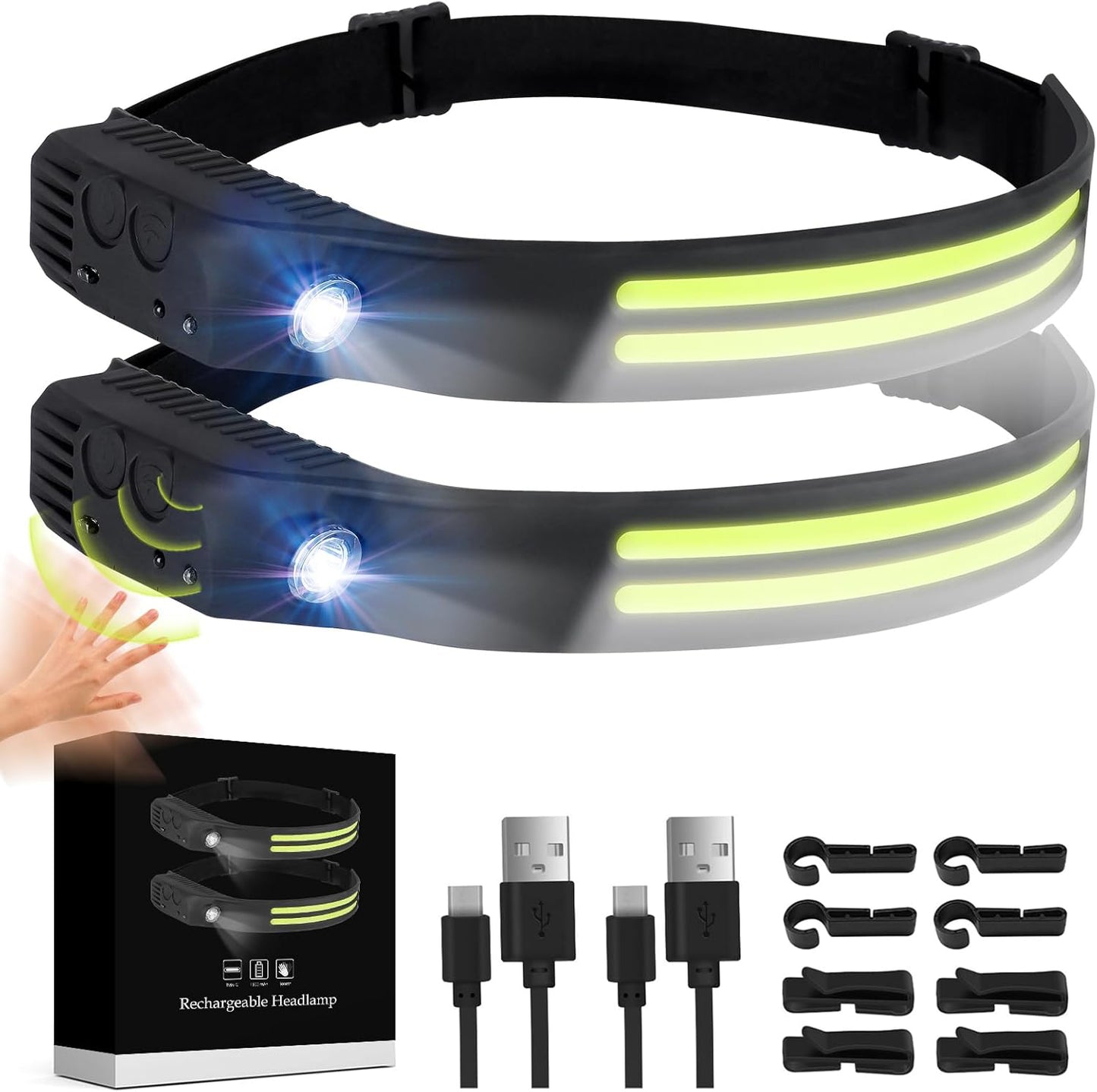 Rechargeable Headlamp – 2 Pack, 350 Lumens, 5 Light Modes, 1200mAh Battery, 230° Wide Beam