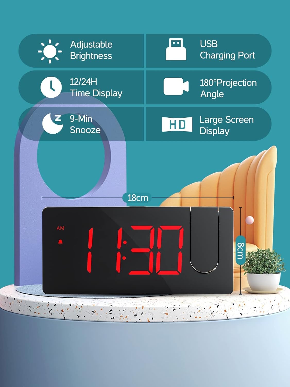 Projection Alarm Clock – 180° Rotatable LED Display with USB Charging & Snooze