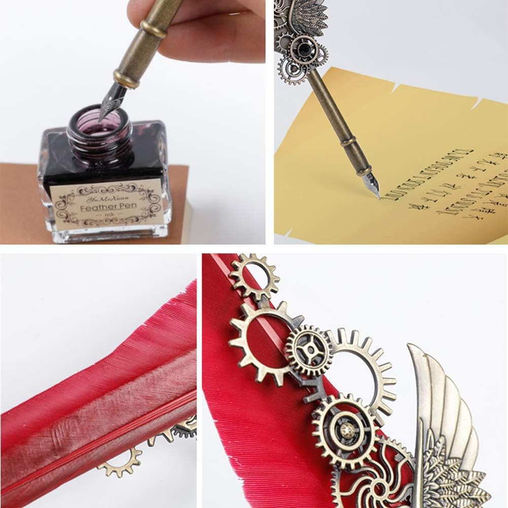 Vintage Feather Quill Pen Set – Steampunk Calligraphy Dip Pen Kit with Ink, Nibs & Pen Holder