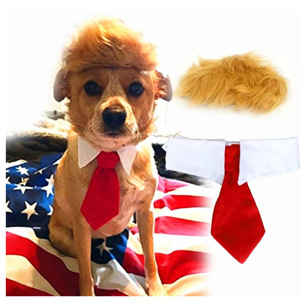 Funny Pet Wig Costume with Collar & Tie – Hilarious Dog & Cat Outfit for Halloween