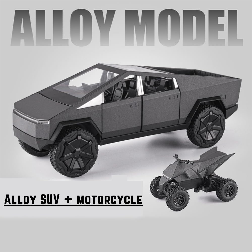 1/24 Scale Toy Pickup Truck Model with RV Motorcycle | Die-Cast Metal Truck with Lights