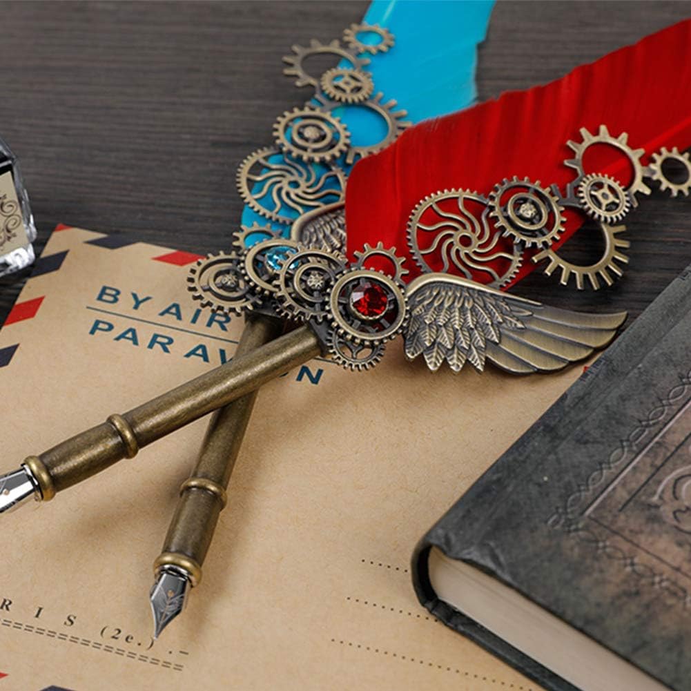 Vintage Feather Quill Pen Set – Steampunk Calligraphy Dip Pen Kit with Ink, Nibs & Pen Holder