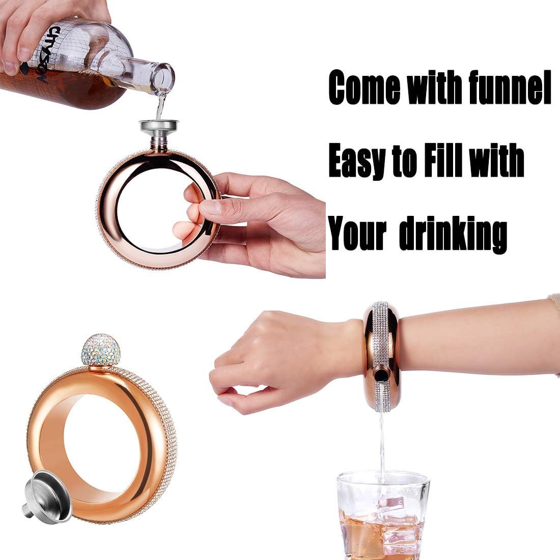 Bracelet Flask – Creative 304 Stainless Steel Hidden Alcohol Bottle with Crystal Cap, 3.5 oz