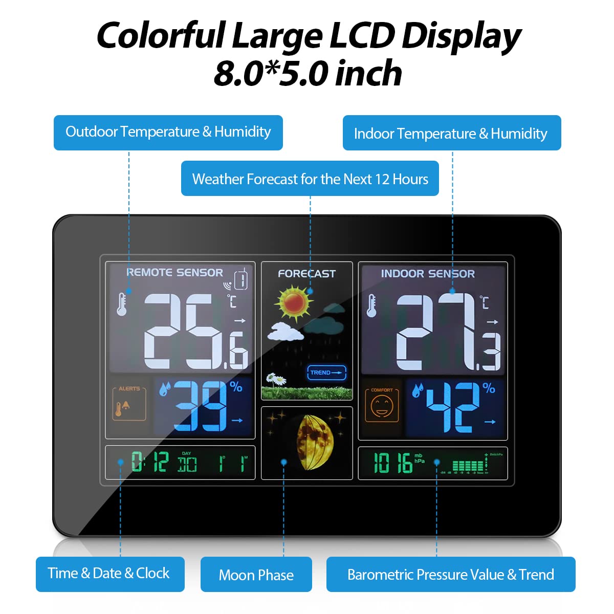 Wireless Weather Station – Indoor Outdoor Thermometer with Color Display & Atomic Clock