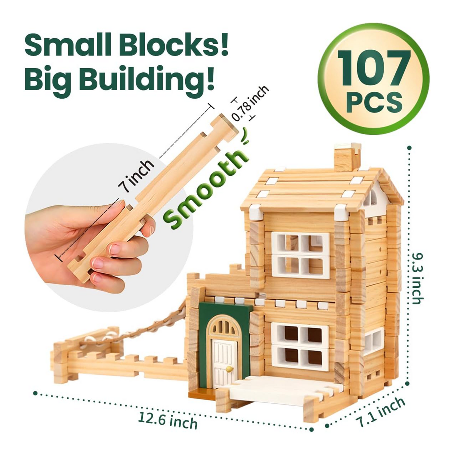 107 wooden block toys with doors and windows, classic old-fashioned toys