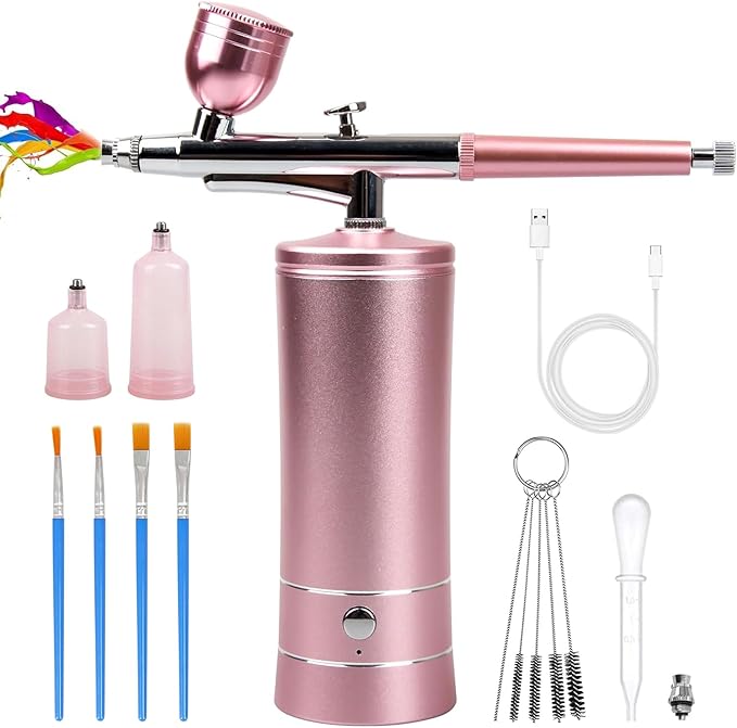 Rechargeable Cordless Dual-Action Airbrush Kit – Portable Handheld Airbrush for Beauty & Art | Pink