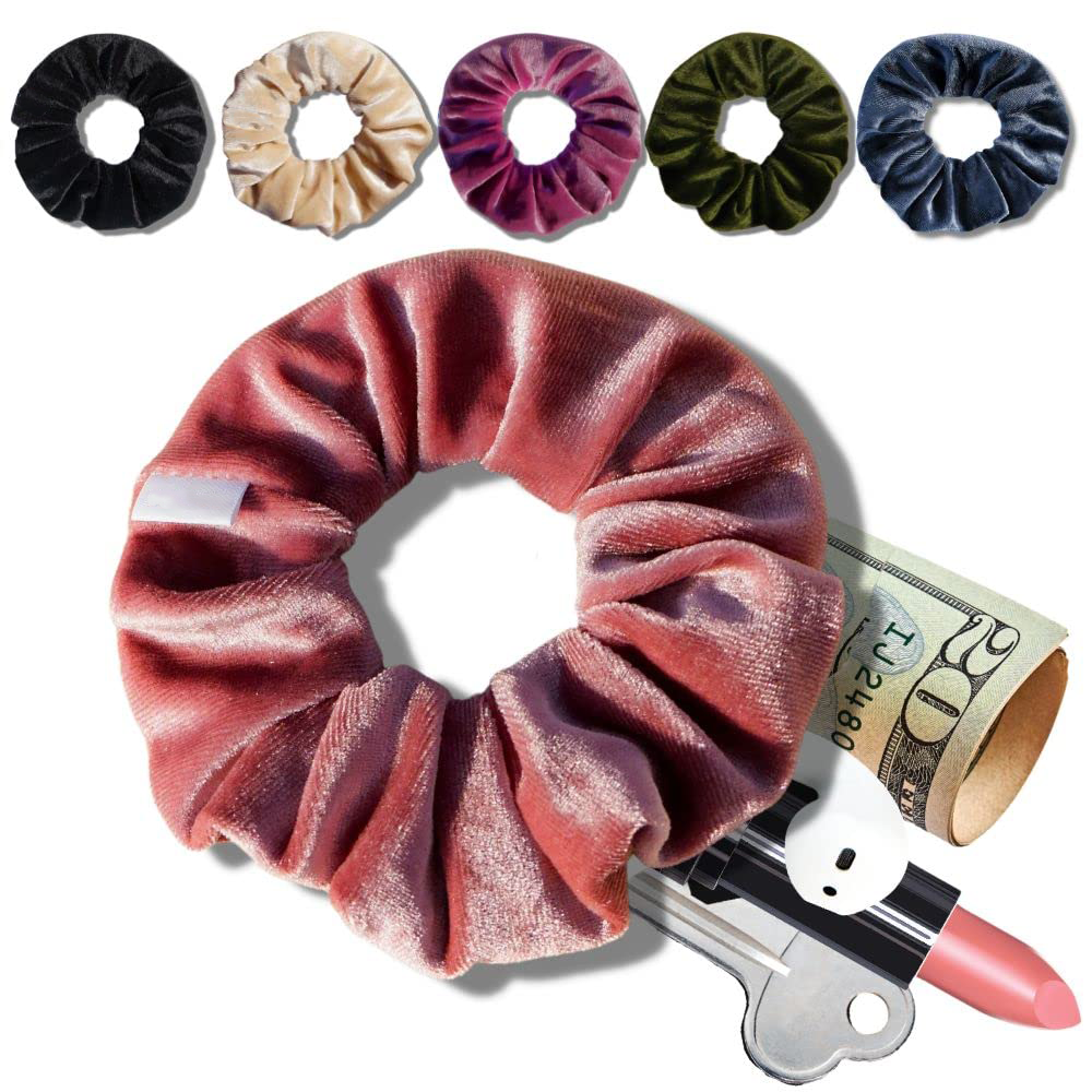 Velvet Scrunchies with Hidden Zipper Pocket – 3 Pack Assorted