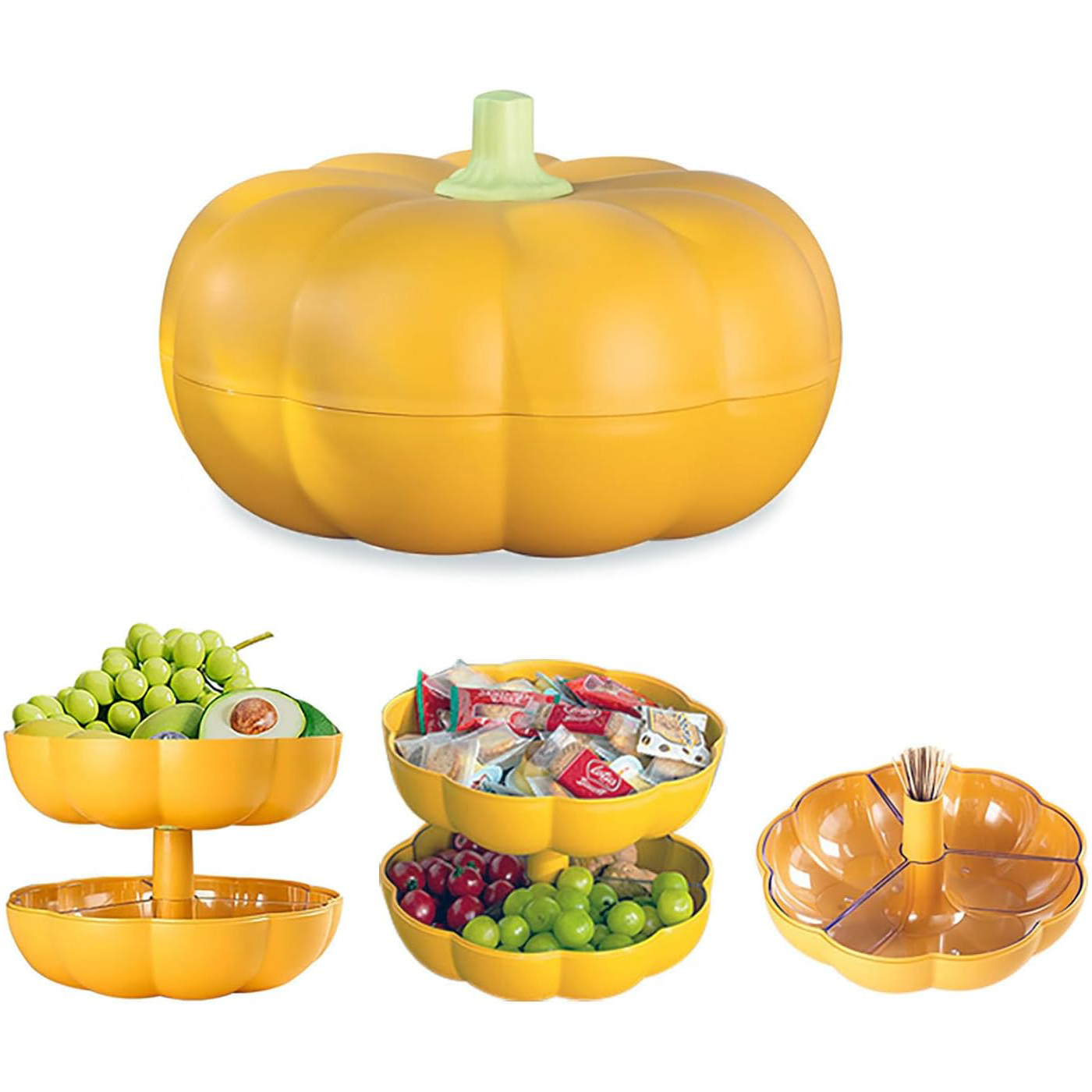 Pumpkin Snack Tray with Lid – Double-Layer Serving Container with 3 Compartments for Candy, Fruits