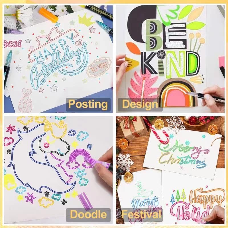 Double Line Shimmer Metallic Outline Markers – 36 Colors | For Doodle Art