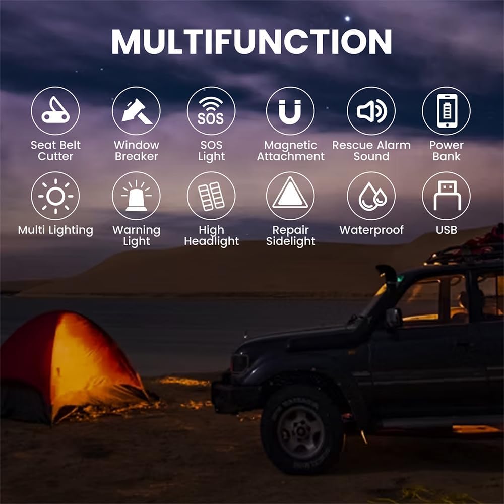 Ultimate 6-in-1 Car Safety Hammer – Tactical Flashlight, Window Breaker, Seatbelt Cutter & Emergency Survival Tool