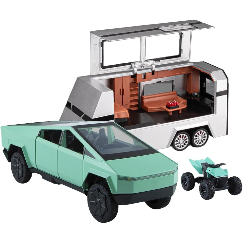 1/24 Scale Toy Pickup Truck Model with RV Motorcycle | Die-Cast Metal Truck with Lights