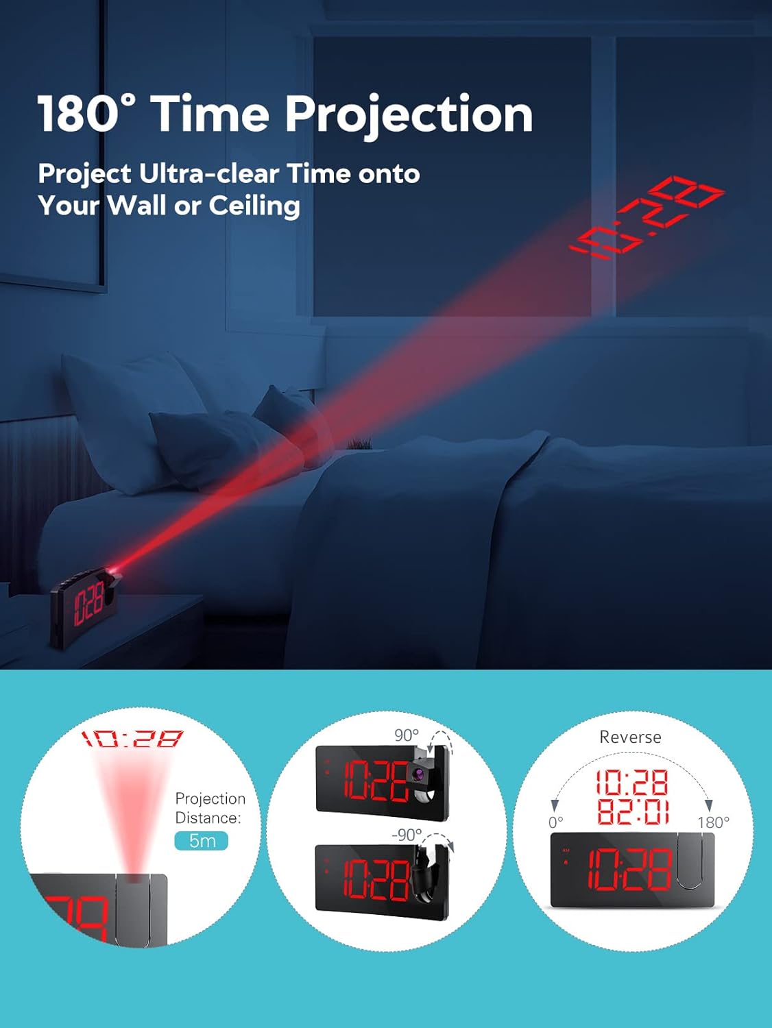 Projection Alarm Clock – 180° Rotatable LED Display with USB Charging & Snooze