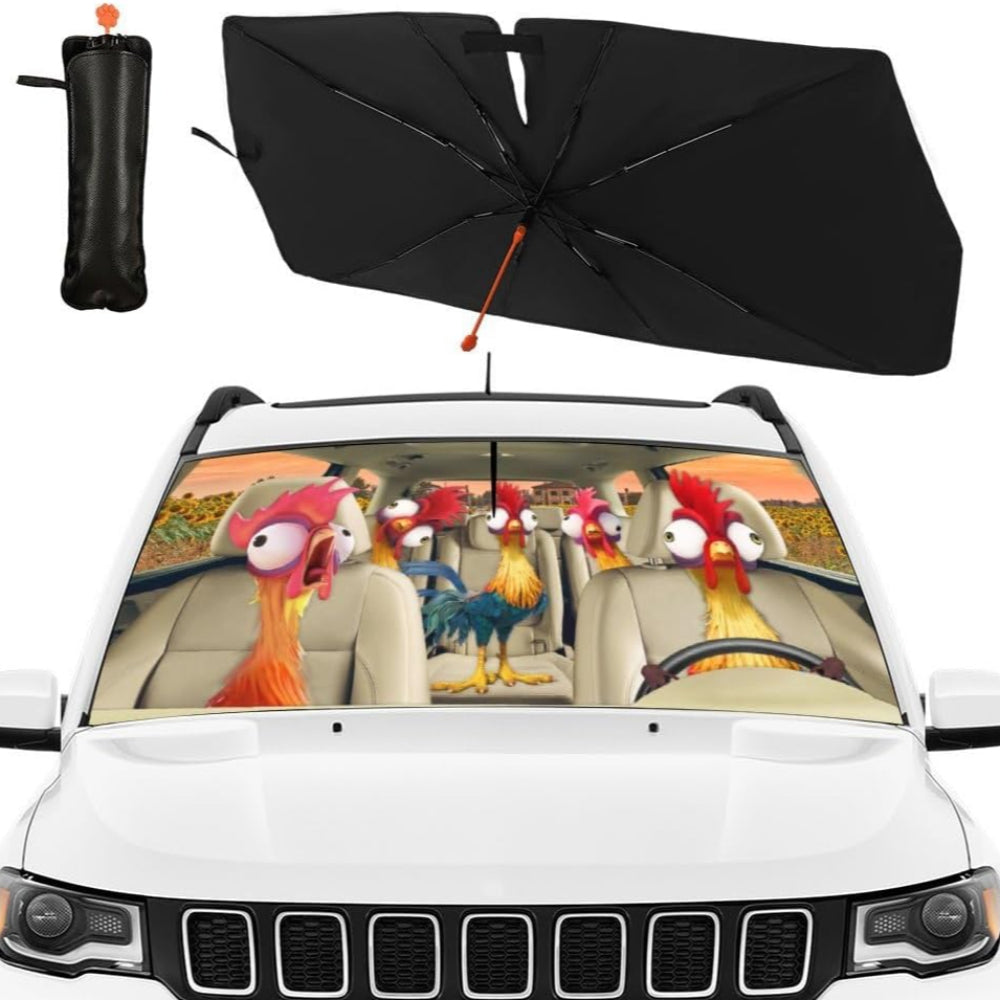 Funny Rooster Car Windshield Umbrella – UV Protection Sunshade for Front Window, Foldable Sun Visor Protector