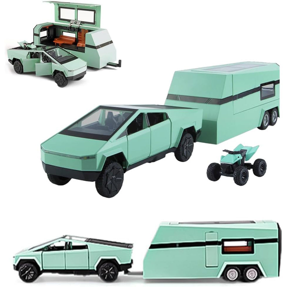 1/24 Scale Toy Pickup Truck Model with RV Motorcycle | Die-Cast Metal Truck with Lights