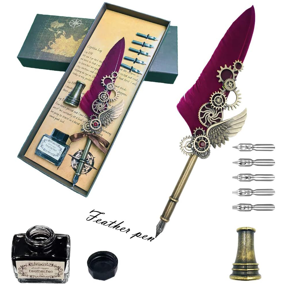 Vintage Feather Quill Pen Set – Steampunk Calligraphy Dip Pen Kit with Ink, Nibs & Pen Holder