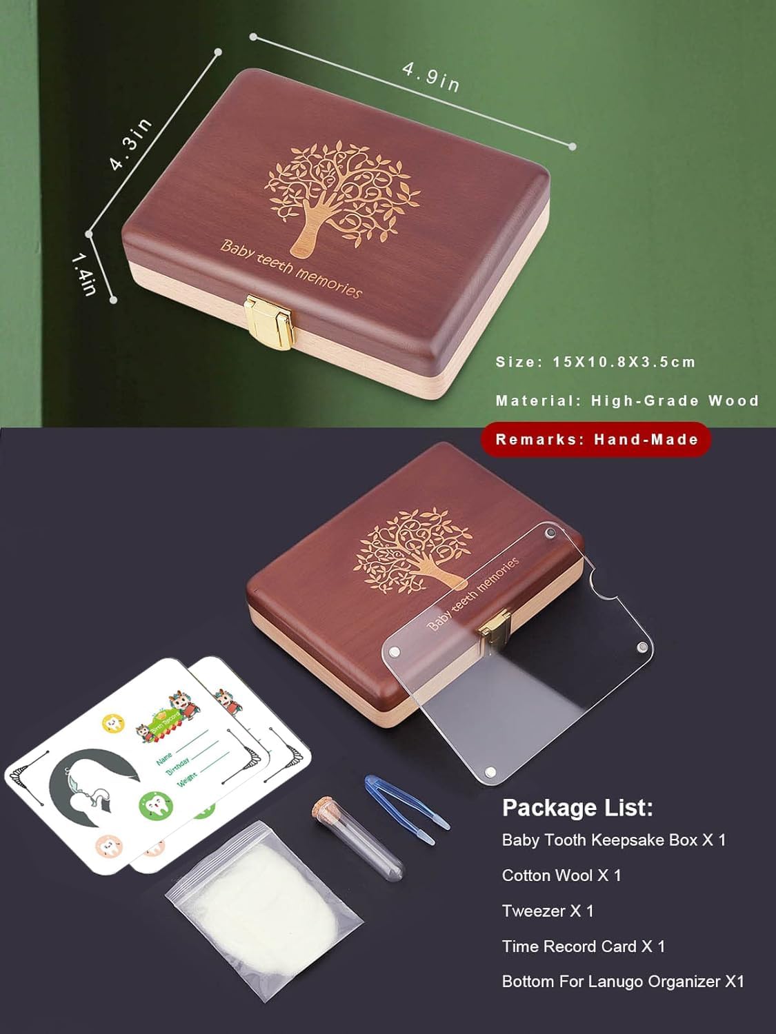 Baby Tooth Keepsake Box with Photo Frame | Wooden Tooth Fairy Organizer