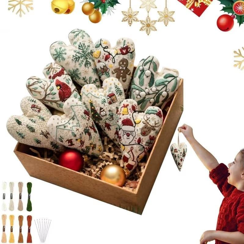 8-Piece Embroidery Christmas Ornament Kit – DIY Heart-Shaped Cross Stitch Decorations