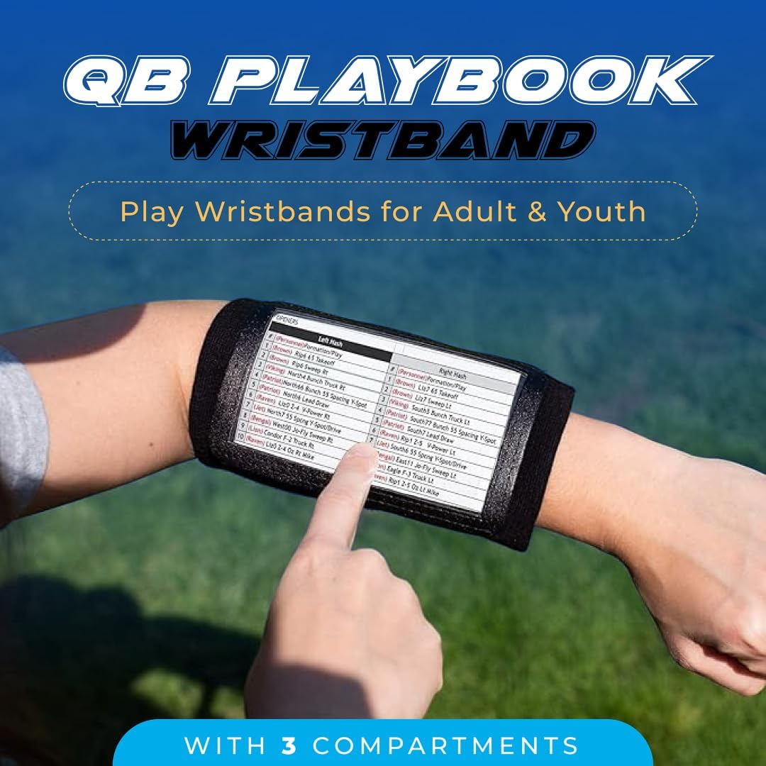 QB Playbook Wristband – 3-Compartment Football Wrist Coach for Youth &amp; Adults