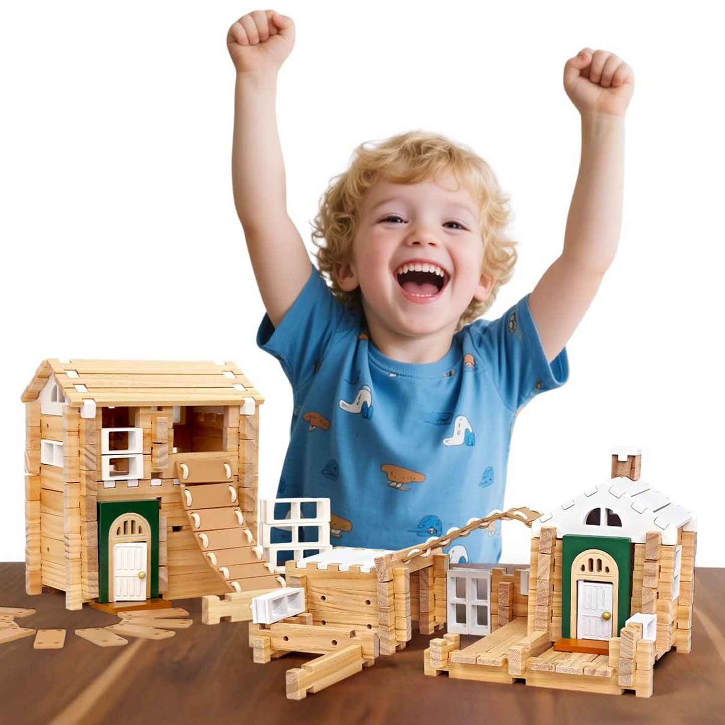 107 wooden block toys with doors and windows, classic old-fashioned toys