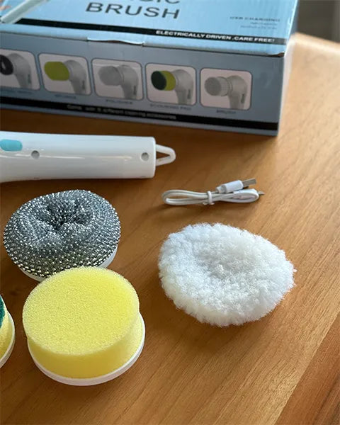 Electric Cleaning Brush with 5 Brush Heads – Long Handle Handheld Scrubber