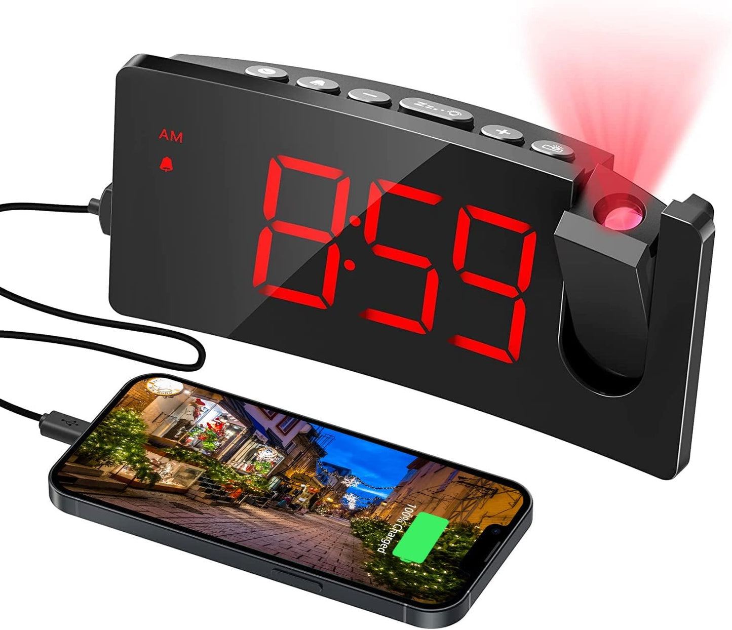 Projection Alarm Clock – 180° Rotatable LED Display with USB Charging & Snooze