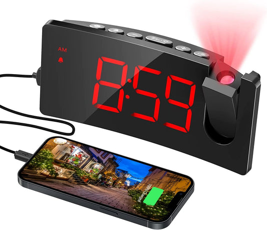 Projection Alarm Clock – 180° Rotatable LED Display with USB Charging & Snooze