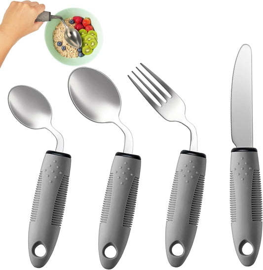 4-Piece Adaptive Utensils Set – 42° Angled Weighted Silverware for Hand Tremors