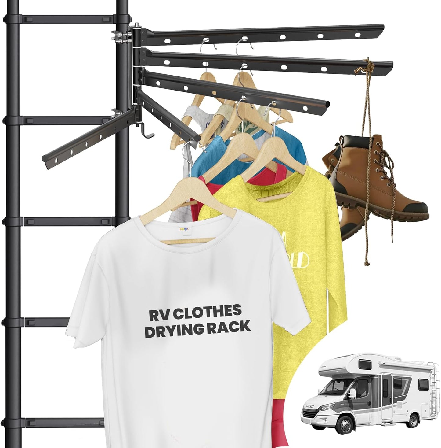RV Clothes Drying Rack – 26.5" Wide, Ladder Mount, 5 Rotating Arms, All-Metal Foldable Design