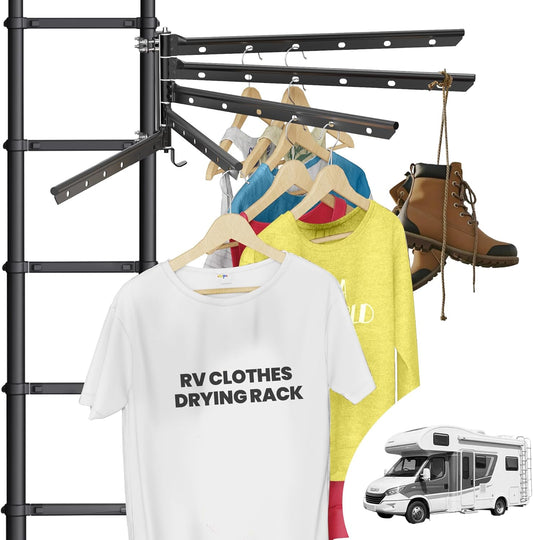 RV Clothes Drying Rack – 26.5" Wide, Ladder Mount, 5 Rotating Arms, All-Metal Foldable Design