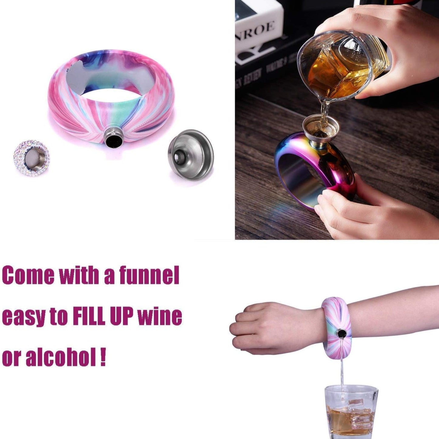 Bracelet Flask – Creative 304 Stainless Steel Hidden Alcohol Bottle with Crystal Cap, 3.5 oz