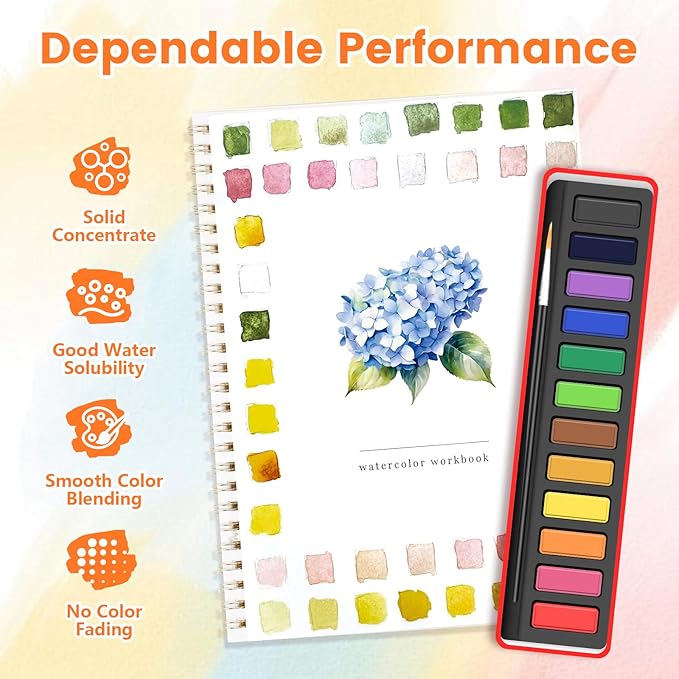 Watercolor Workbook with Paint Set – Beginner Watercolor Practice Book with 12 Colors & Brush