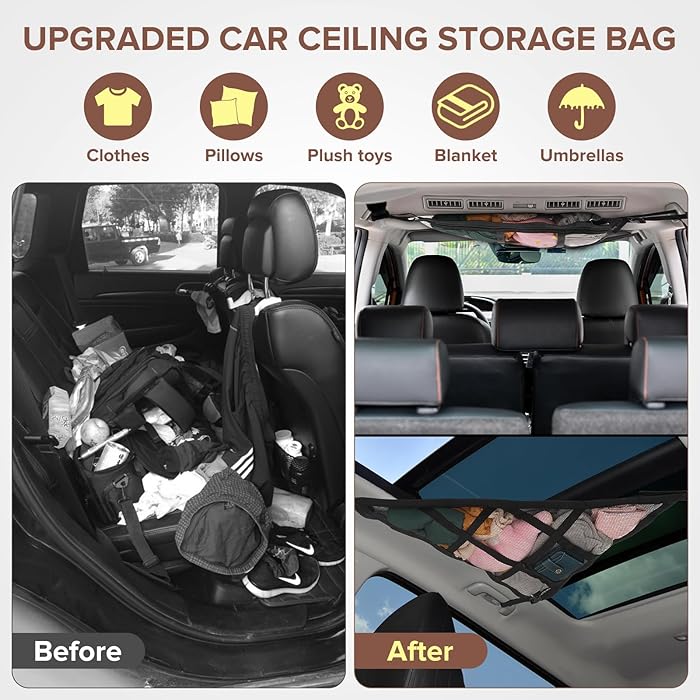 Car Ceiling Cargo Net Organizer – Double-Layer Mesh Overhead Storage for SUVs, Jeeps & Trucks