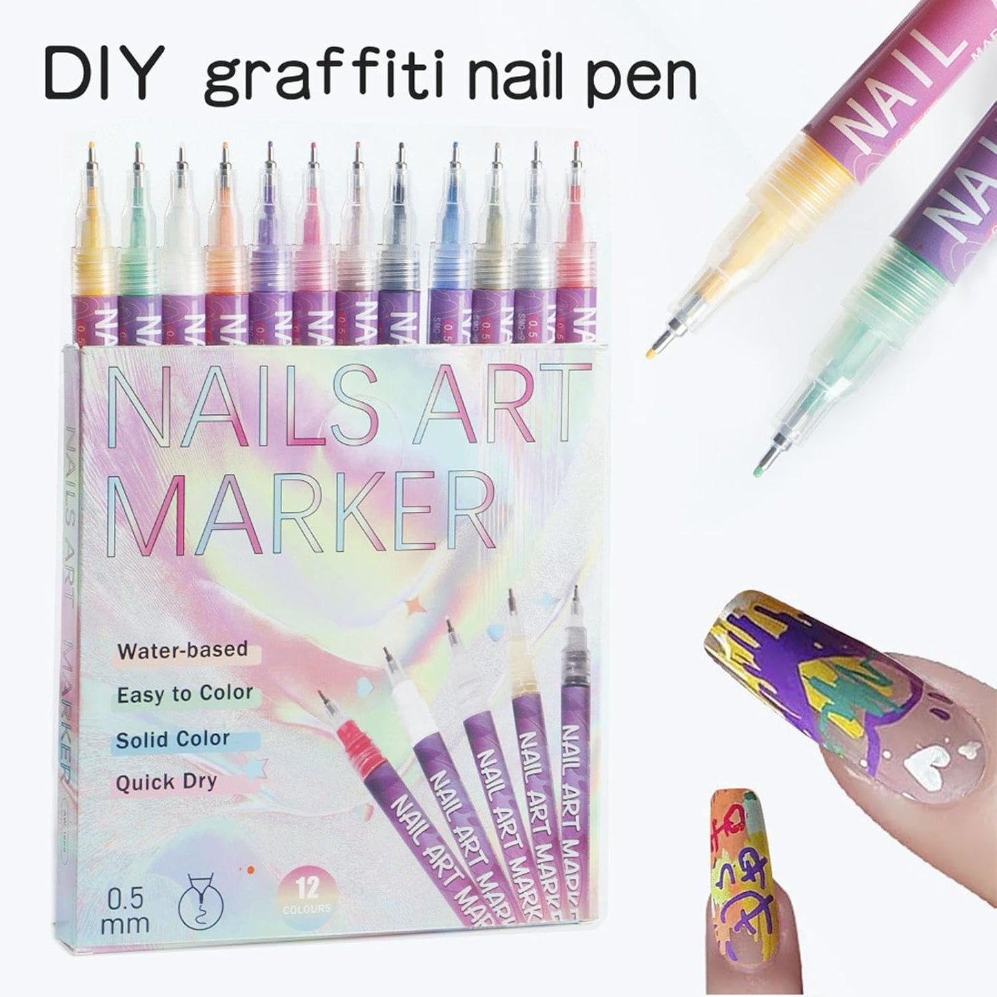Nail Art Marker Pens – 12 Color DIY Nail Art Pen Set | 3D Gel Nail Pens for Drawing, Dotting & Nail Design