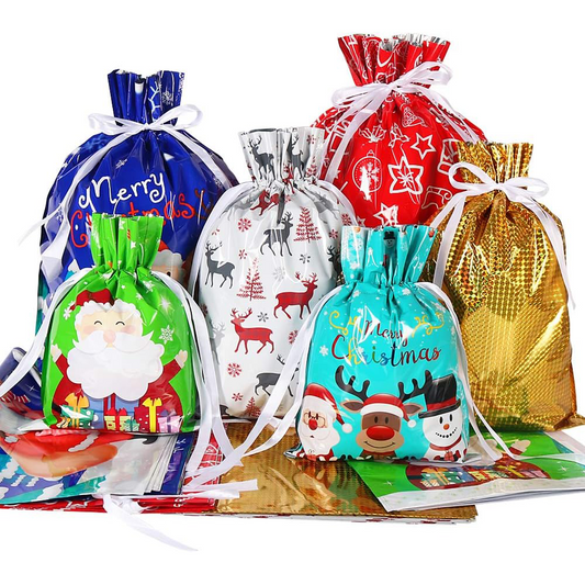 Christmas Drawstring Gift Bags – 30 Pcs Foil Bags in Assorted Sizes & Colors for Holiday Gifts and Parties