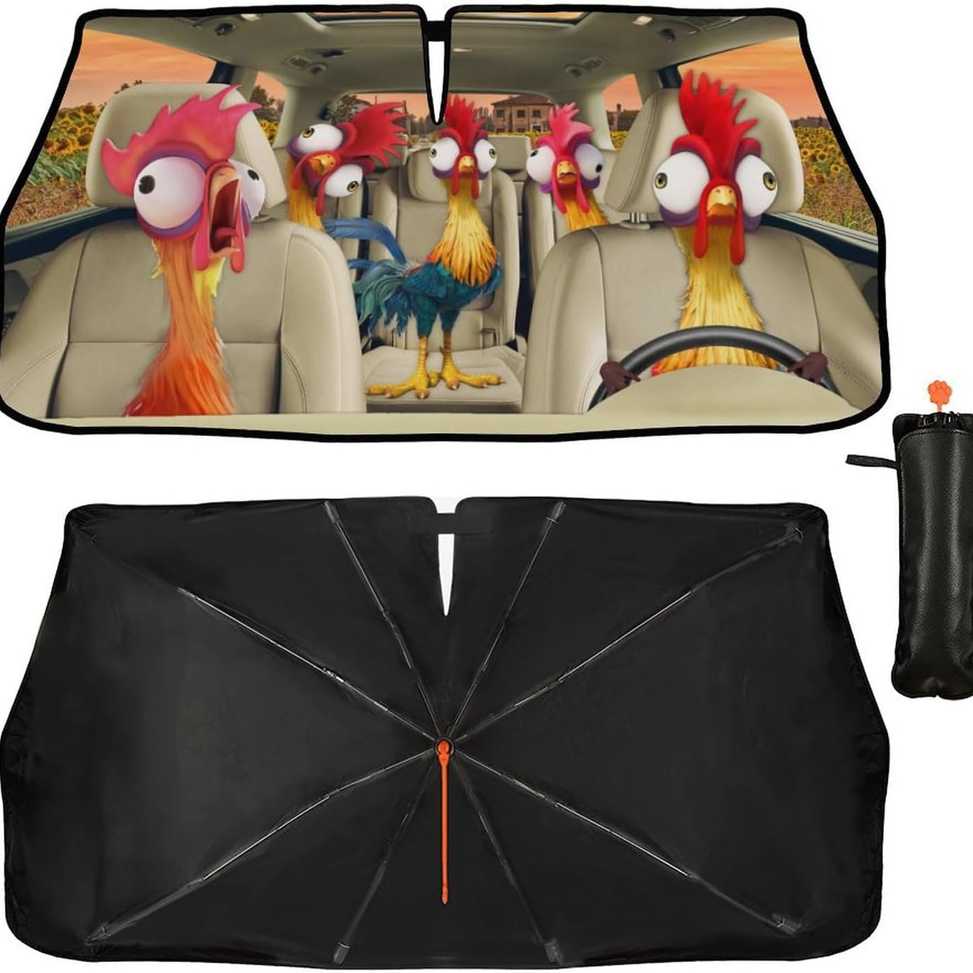 Funny Rooster Car Windshield Umbrella – UV Protection Sunshade for Front Window, Foldable Sun Visor Protector
