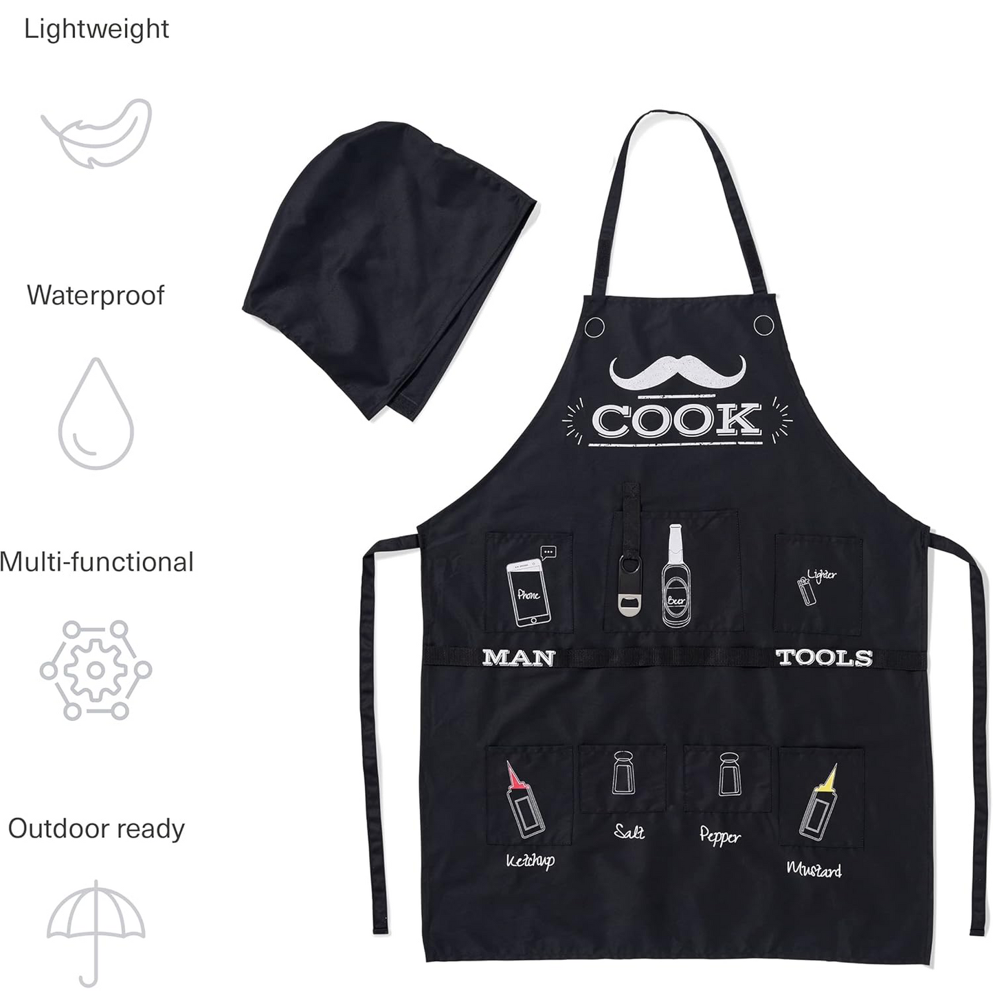 Premium BBQ Apron with 7 Spice Pockets & Bottle Opener – Durable, Fun & Practical for Grilling Parties