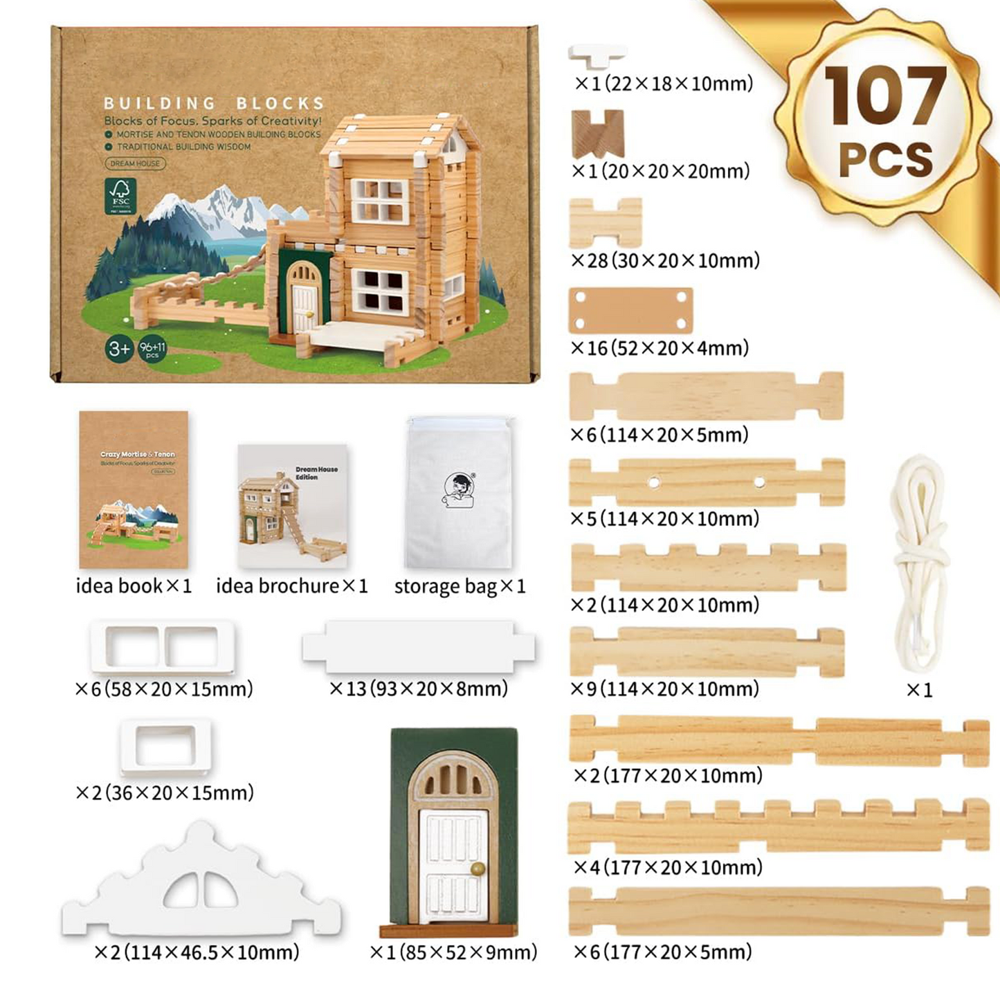 107 wooden block toys with doors and windows, classic old-fashioned toys