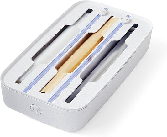 Plastic Wrap Dispenser – 3-in-1 Drawer Organizer | Fits Foil/Plastic Wrap/Parchment/Wax Paper | with Safe Cutters & Labels | Kitchen Storage Solution