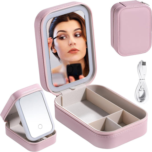 Travel Makeup Mirror Case – Portable LED Lighted Vanity Box with Storage for Brushes & Tools