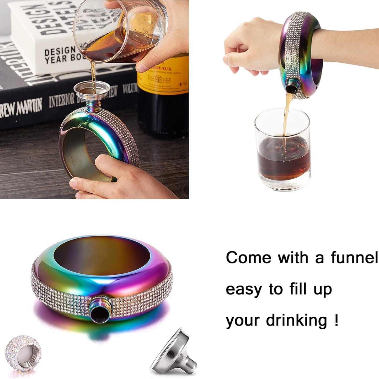 Bracelet Flask – Creative 304 Stainless Steel Hidden Alcohol Bottle with Crystal Cap, 3.5 oz
