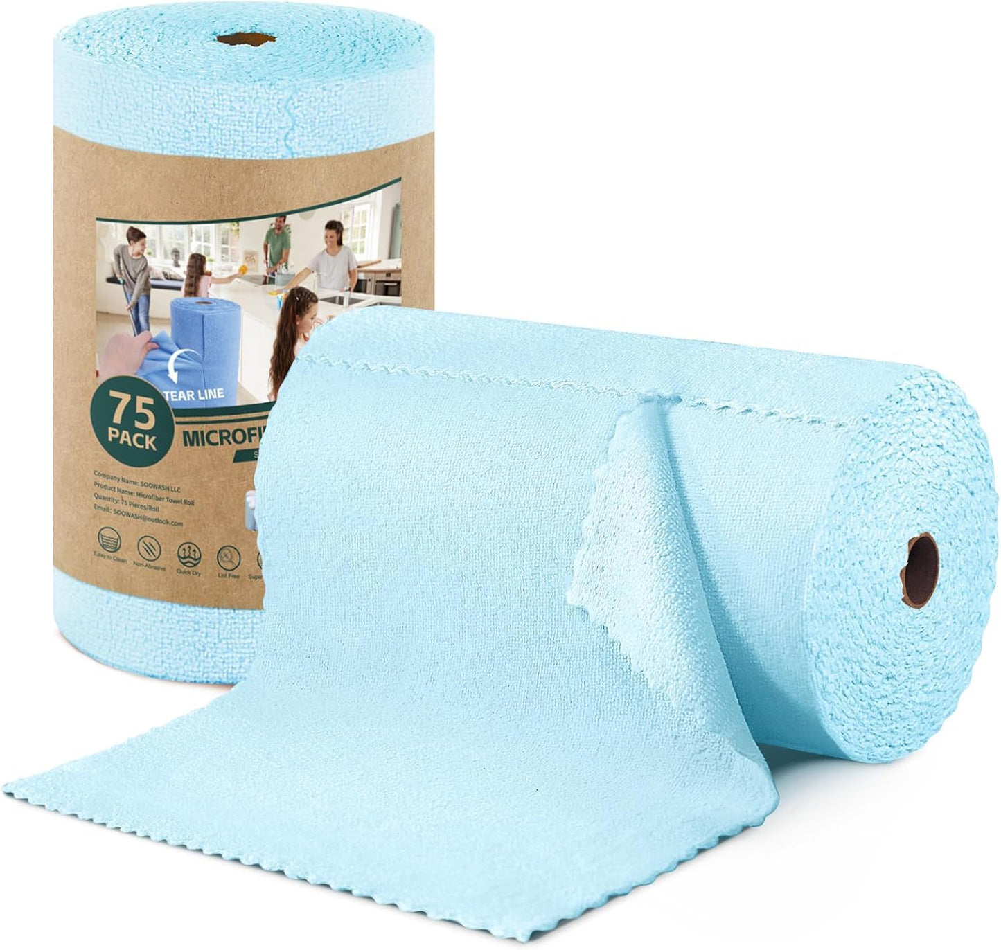 Microfiber Cleaning Cloth Roll – 75-Pack Tear-Off Towels | Reusable, Scratch-Free Dishcloth