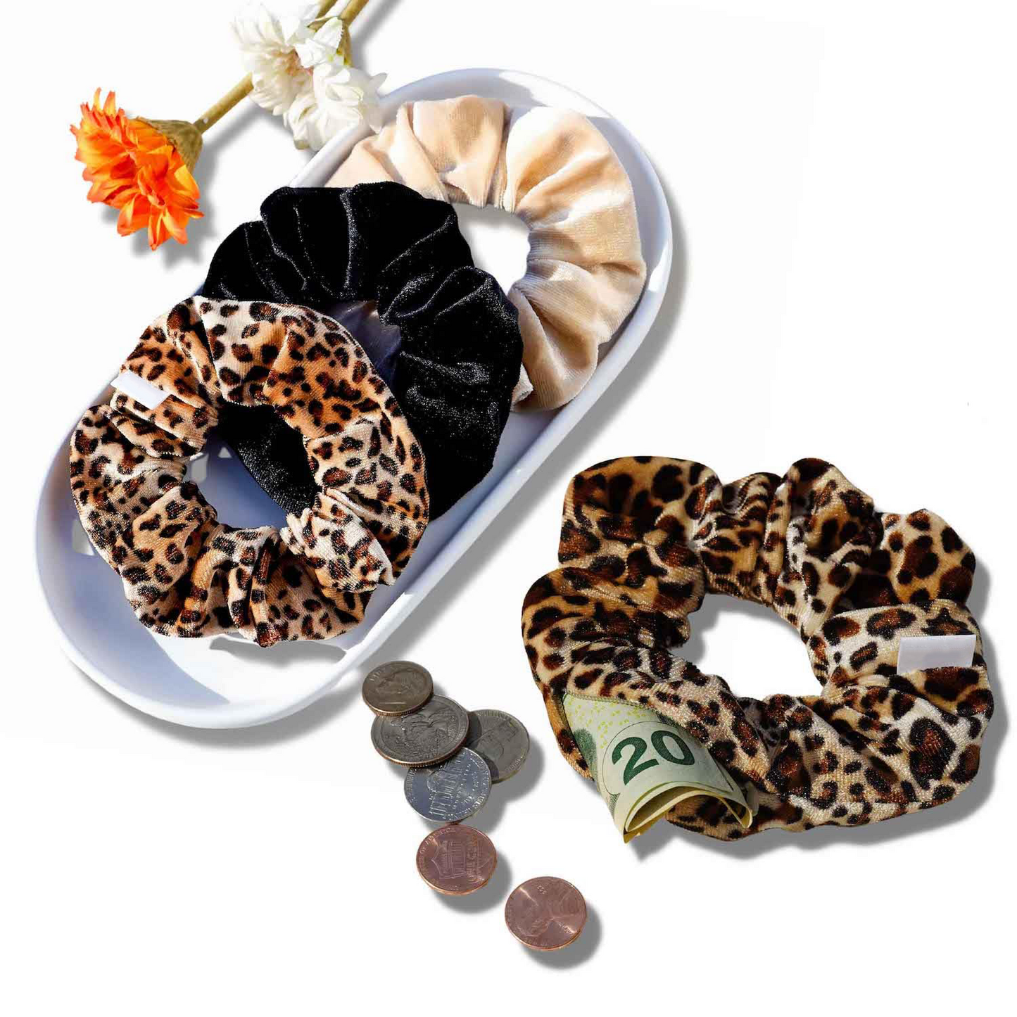 Velvet Scrunchies with Hidden Zipper Pocket – 3 Pack Assorted