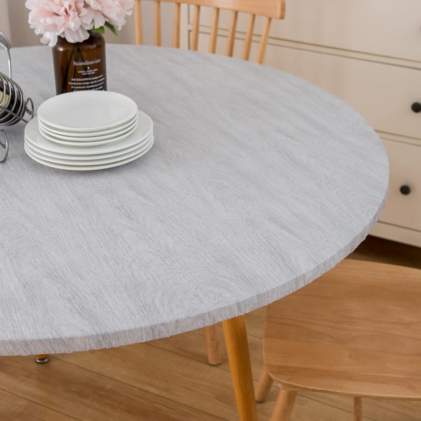 Round Vinyl Tablecloth with Flannel Backing – Elastic Edge | Waterproof & Stain Resistant